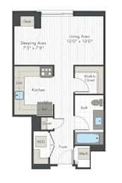 A floor plan of a small apartment with a sleeping area, kitchen, bath, and living area.