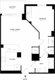 A black and white floor plan of a house with a balcony, living/dining area, kitchen, bathroom, and bedroom.