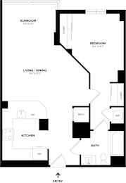 A black and white floor plan of a small apartment.