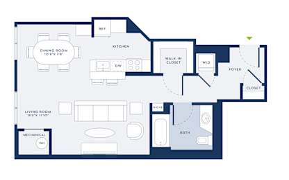 A floor plan of a house with a living room, dining room, kitchen, and bathroom.