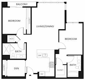 A black and white image of a floor plan for a home with a balcony, two bedrooms, a living/dining area, a bathroom, a den, and a closet.