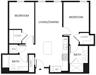 A black and white image of a floor plan for a house with three bedrooms, a living/dining area, two bathrooms, a kitchen, and a laundry area.