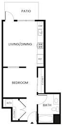 A floor plan of a home with a living area, dining area, bedroom, bathroom and patio.