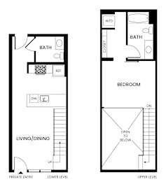 A floor plan of a two-level home with a living/dining area on the lower level and a bedroom on the upper level.