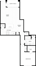 A floor plan of a house with a kitchen, living area, dining area, bathroom, and bedroom.