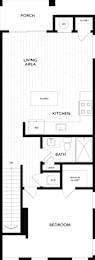 A floor plan of a house with a porch, living area, kitchen, bath, and bedroom.