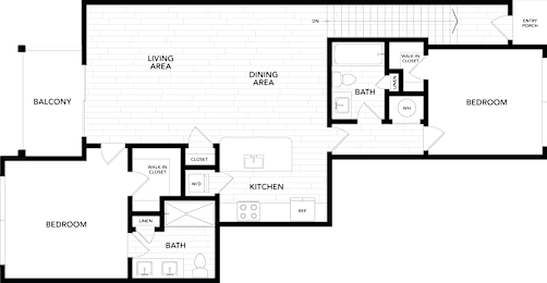 A floor plan of a house with a living area, dining area, kitchen, and two bedrooms.