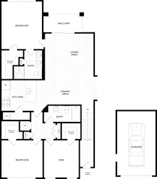 A floor plan of a house with labeled rooms such as Bedroom, Balcony, Living Area, Dining Area, Kitchen, Bath, Garage, and Den.