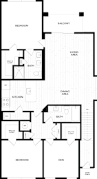 A floor plan of a house with a living area, dining area, kitchen, two bathrooms, and four bedrooms.