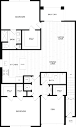 A floor plan of a house with a living area, dining area, kitchen, two bedrooms, a bathroom, a balcony, and a den.