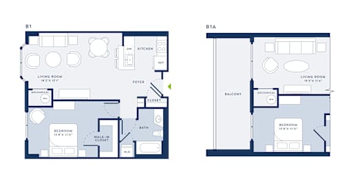 Two floor plans for a B1 and B1A apartment.
