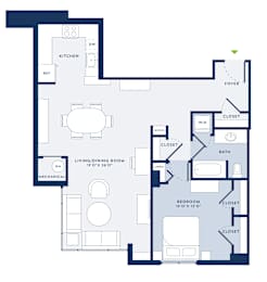 A floor plan of a house with a living room, dining room, kitchen, and bedrooms.