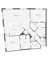 A black and white image of a house floor plan with a living room, kitchen, two bedrooms, and two bathrooms.