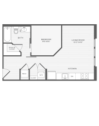 a floor plan of a studio apartment with a bedroom and a living room