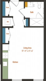 a floor plan of a room with a bathroom and a kitchen