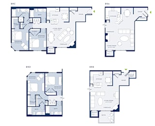 Four floor plans for apartment buildings are laid out.