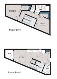 the floor plans for the upper and lower levels of a bedroom apartment