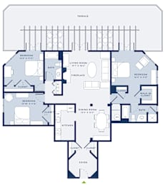 A detailed black and white floor plan of an apartment with various rooms labeled.