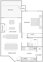 A floor plan of a house with labeled rooms such as bedroom, living room, and kitchen.