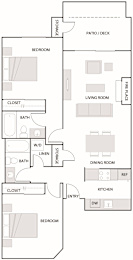 A floor plan of a house with labeled rooms such as bedroom, bath, and kitchen.