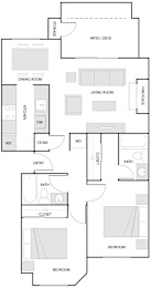 A floor plan of a house with a living room, dining room, kitchen, and two bedrooms.