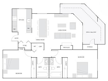 A floor plan of a house with a living room, dining room, kitchen, and two bedrooms.