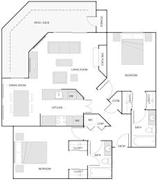 A floor plan of a house with a living room, dining room, kitchen, and two bedrooms.