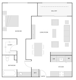 A floor plan of a home with a bedroom, living room, kitchen, bathroom, and closet.
