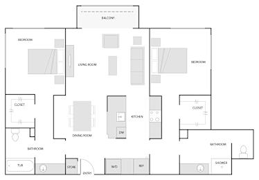 A floor plan of a house with a balcony, two bedrooms, a living room, a dining room, a kitchen, a bathroom, a store, an entry, a tub, a shower, and a closet.