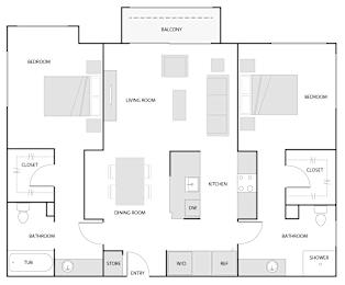A floor plan of a house with labeled rooms such as bedroom, bathroom, and kitchen.