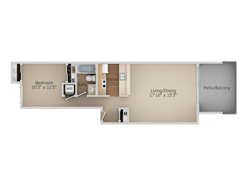 A floor plan of a one bedroom apartment with a living/dining area and a patio/balcony.