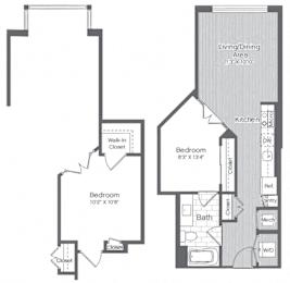 A floor plan of a house with three bedrooms and a living/dining area.