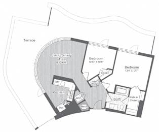 A floor plan of a house with a terrace and two bedrooms.