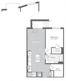 A black and white floor plan of a one bedroom apartment.
