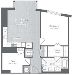 A floor plan of a house showing a living/dining area, kitchen, bathroom, and bedroom.