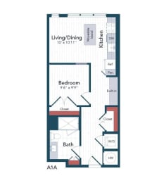 a floor plan of a studio apartment with a bedroom and a balcony