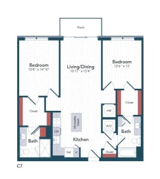 a floor plan of a bedroom apartment with an open floor plan
