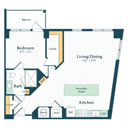 a floor plan of a bedroom apartment with a kitchen and a living room