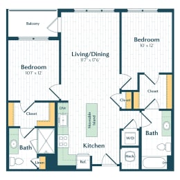 a floor plan of a bedroom apartment with a bathroom and a living room