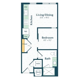 a floor plan of a studio apartment with a bedroom and a bath