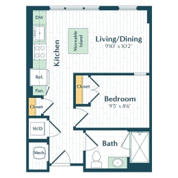 a floor plan of a bedroom apartment with a bathroom and a living room