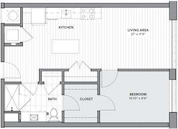 A floor plan of a house with a kitchen, living area, bathroom, and bedroom.
