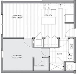 A floor plan of a small apartment with a living area, kitchen, bedroom, and bathroom.