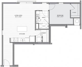 A floor plan of a small apartment with a living area, kitchen, bathroom, and bedroom.