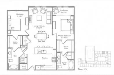 a floor plan of a house with bedrooms and a living room