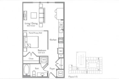 a floor plan with a bedroom and a living room