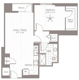 a floor plan of an apartment with a bedroom and a living room