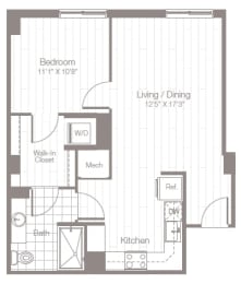 a floor plan of a small apartment with a bedroom and a kitchen