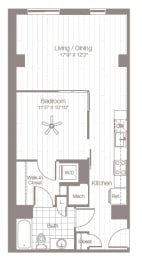 a floor plan of a small apartment with a bedroom and a kitchen