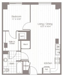 a floor plan of a small apartment with a bedroom and a bathroom
